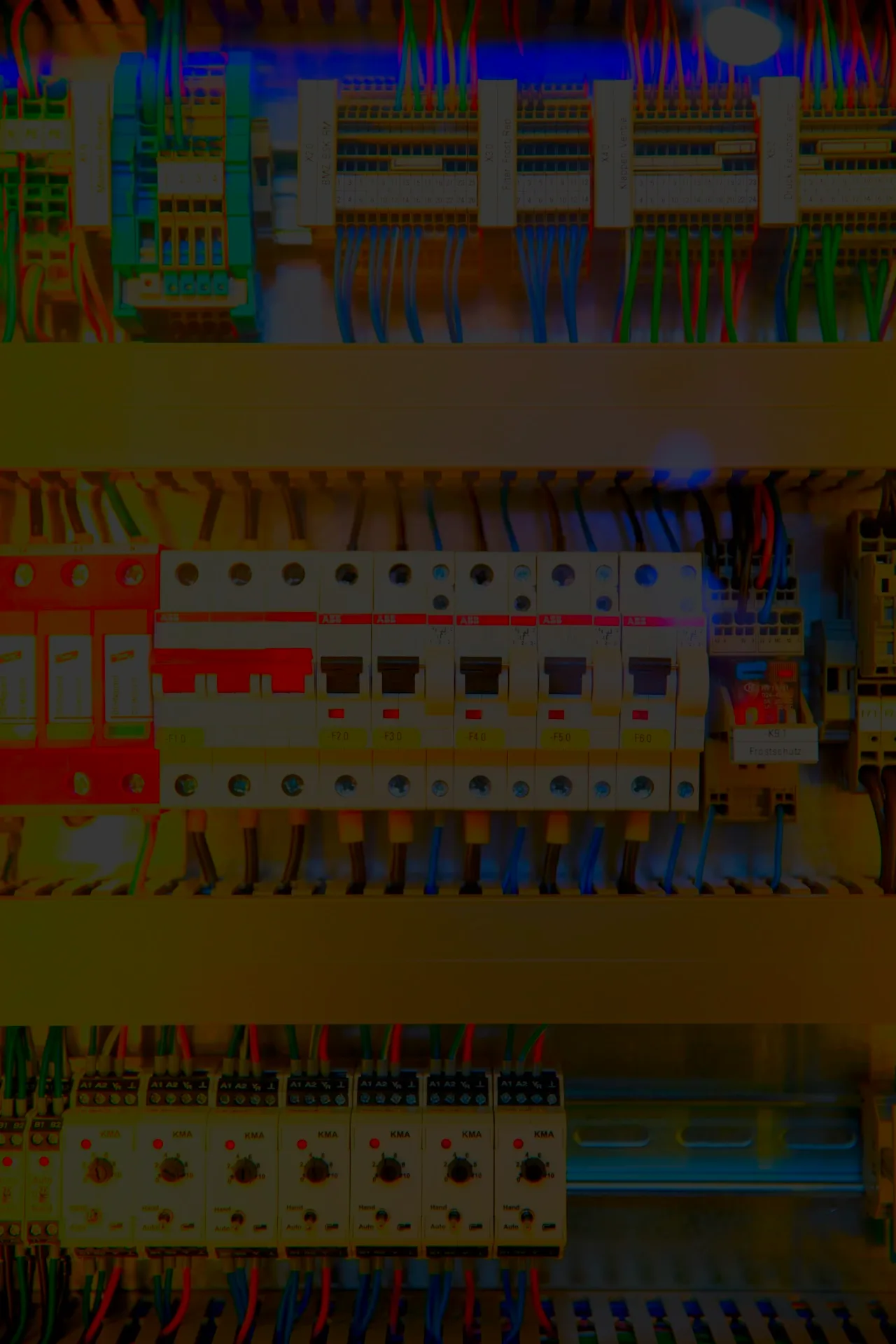 A distribution board with labelled circuit breakers